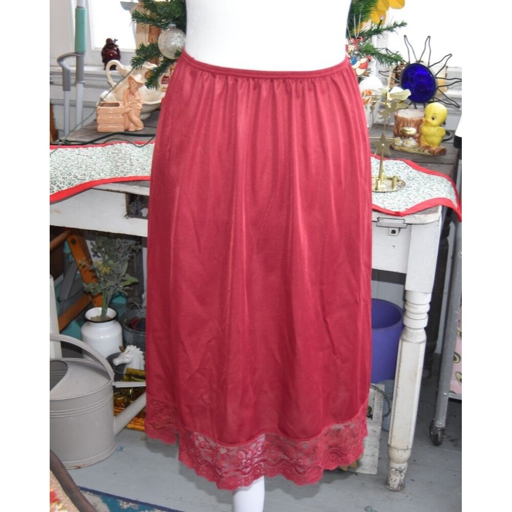 Vintage 1970s Patricia Half Slip Made in Canada Dark Red Lace Trim Size Small